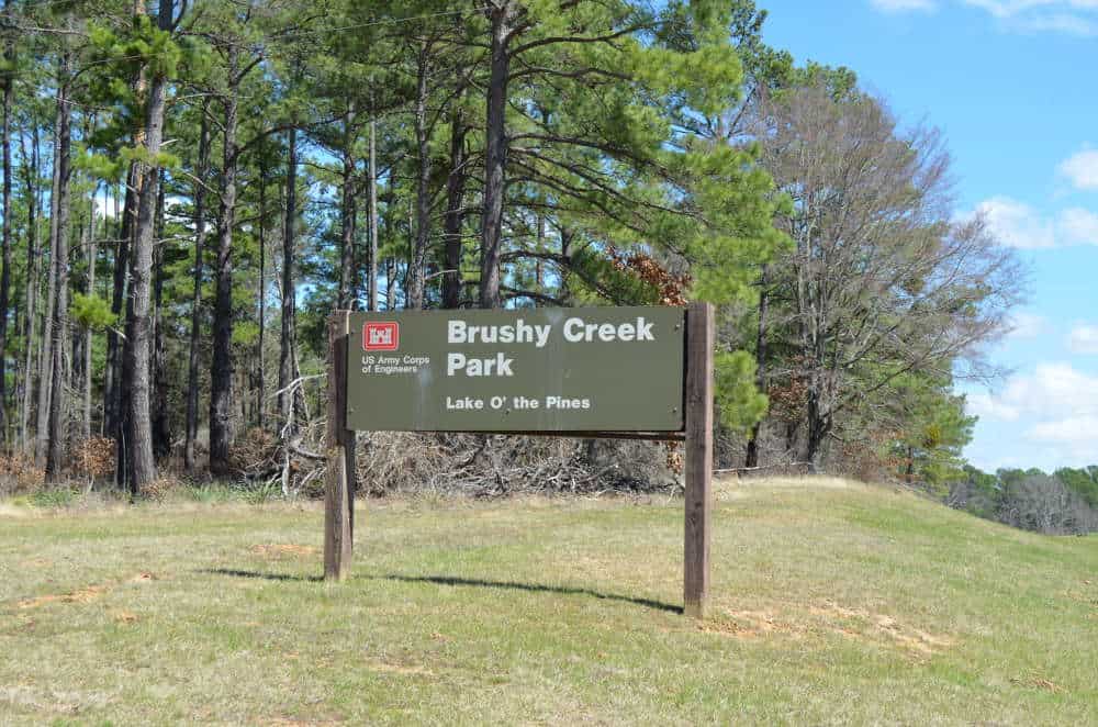 Brushy Creek Park entrance sign among the pines at Lake O' the Pines