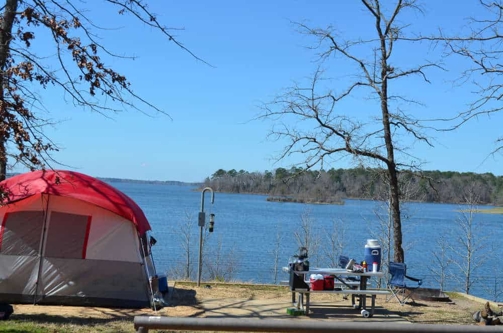 Lakeside tent campsite in the pines at Lake O' the Pines, Texas