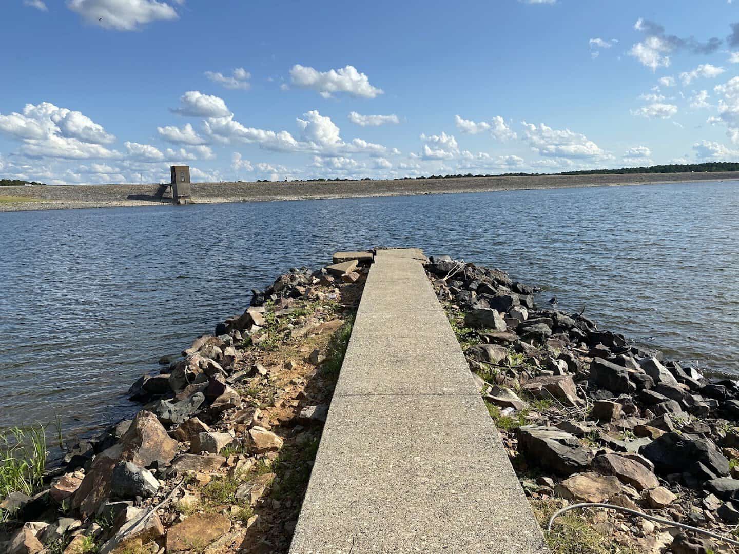 Rock jetty and dam tower at Lake O' the Pines near Jefferson, Texas
