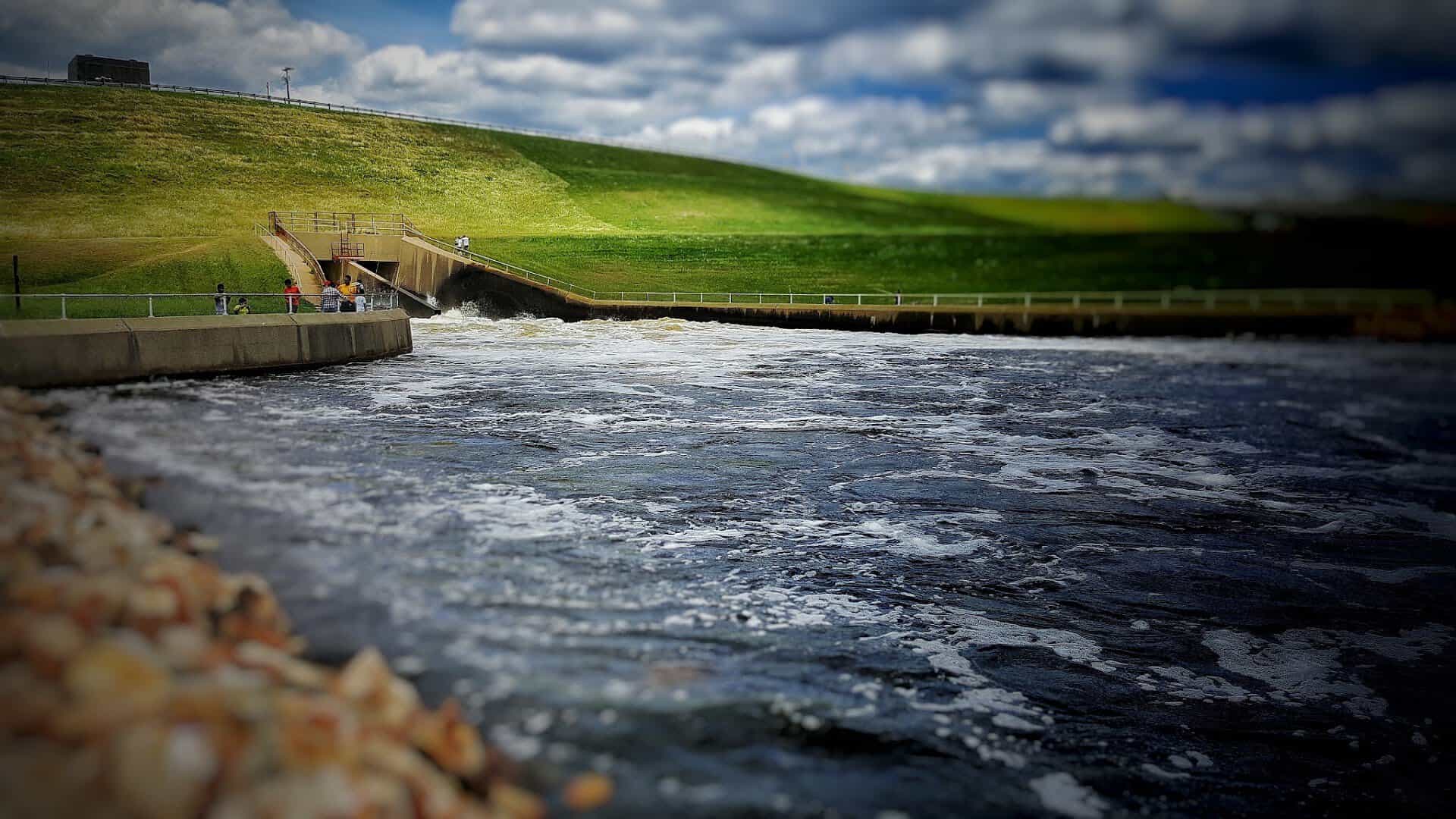 Water flowing over the Ferrells Bridge Dam spillway at Lake O' the Pines
