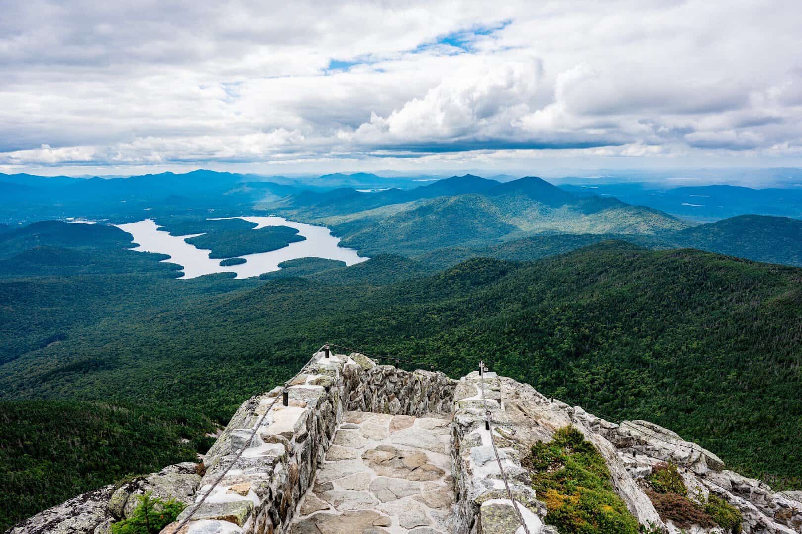 The Adirondack High Peaks and a lake seen from Whiteface Mountain near Lake Placid, New York