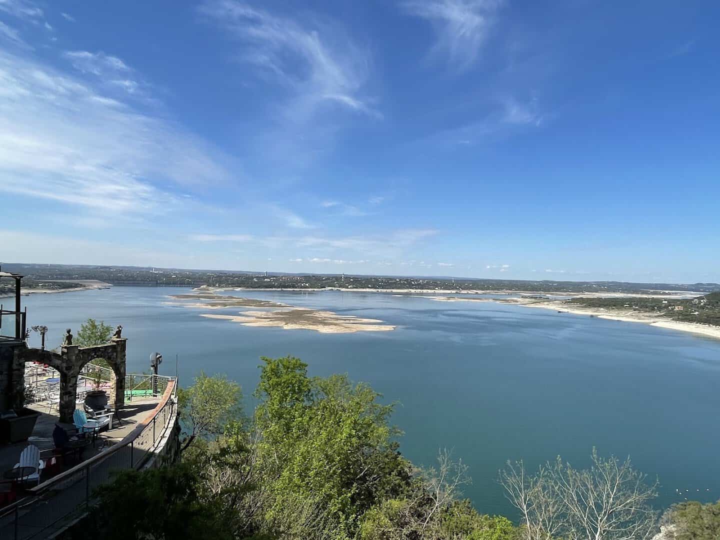 Exposed sandbars and shallow flats on Lake Travis when the water sits low