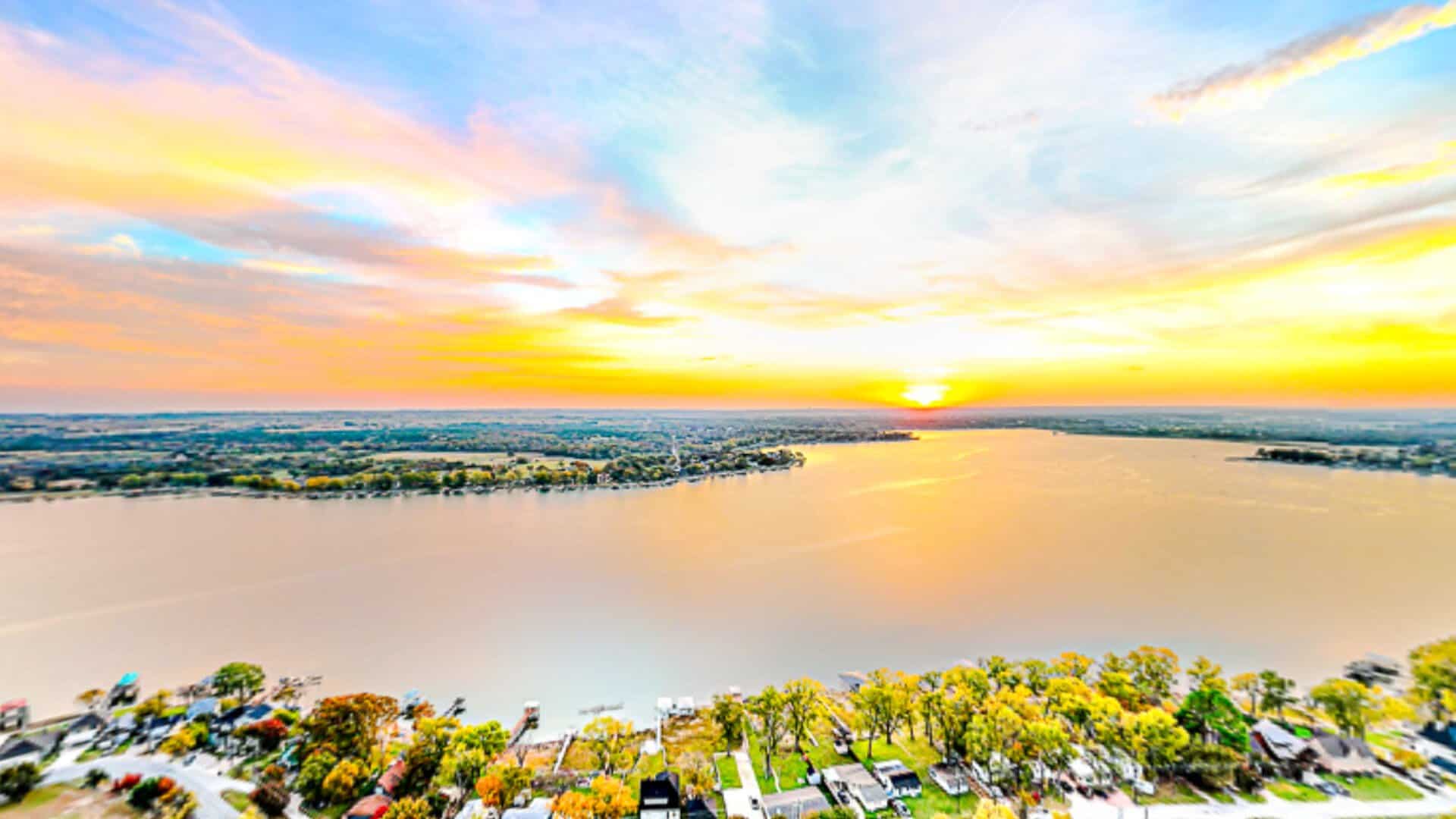 Golden sunset over Lake Weatherford seen from above, Weatherford Texas