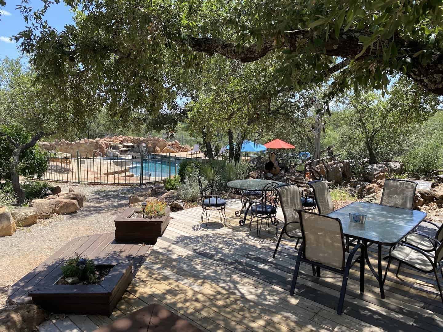 Outdoor patio seating area at Lake Buchanan RV and Cabin Resort in Burnet, Texas
