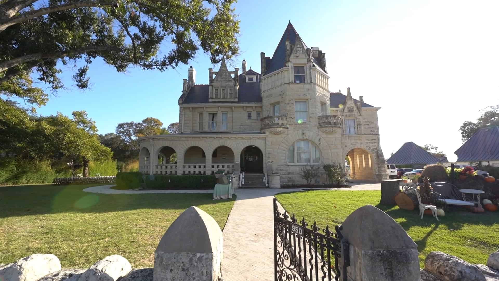 The turreted limestone Lambermont castle exterior in San Antonio, Texas