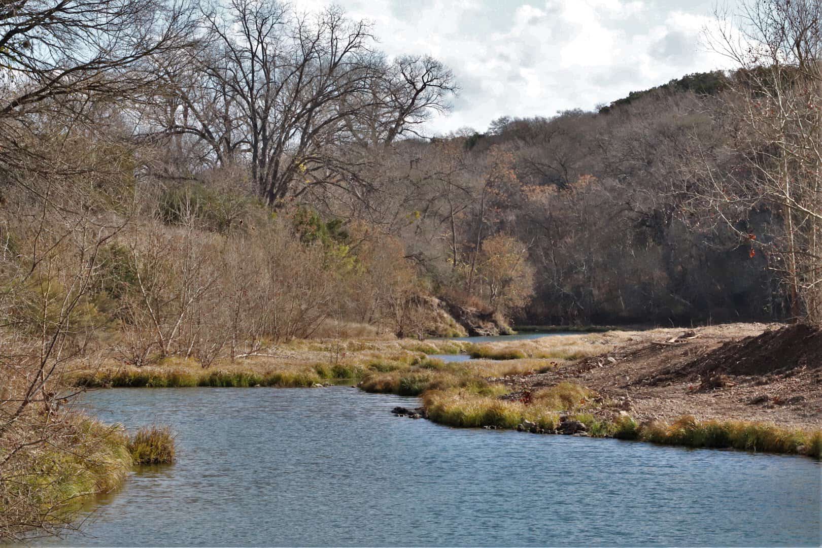 The Lampasas River winding through the valley at Chalk Ridge Falls Park near Belton, Texas