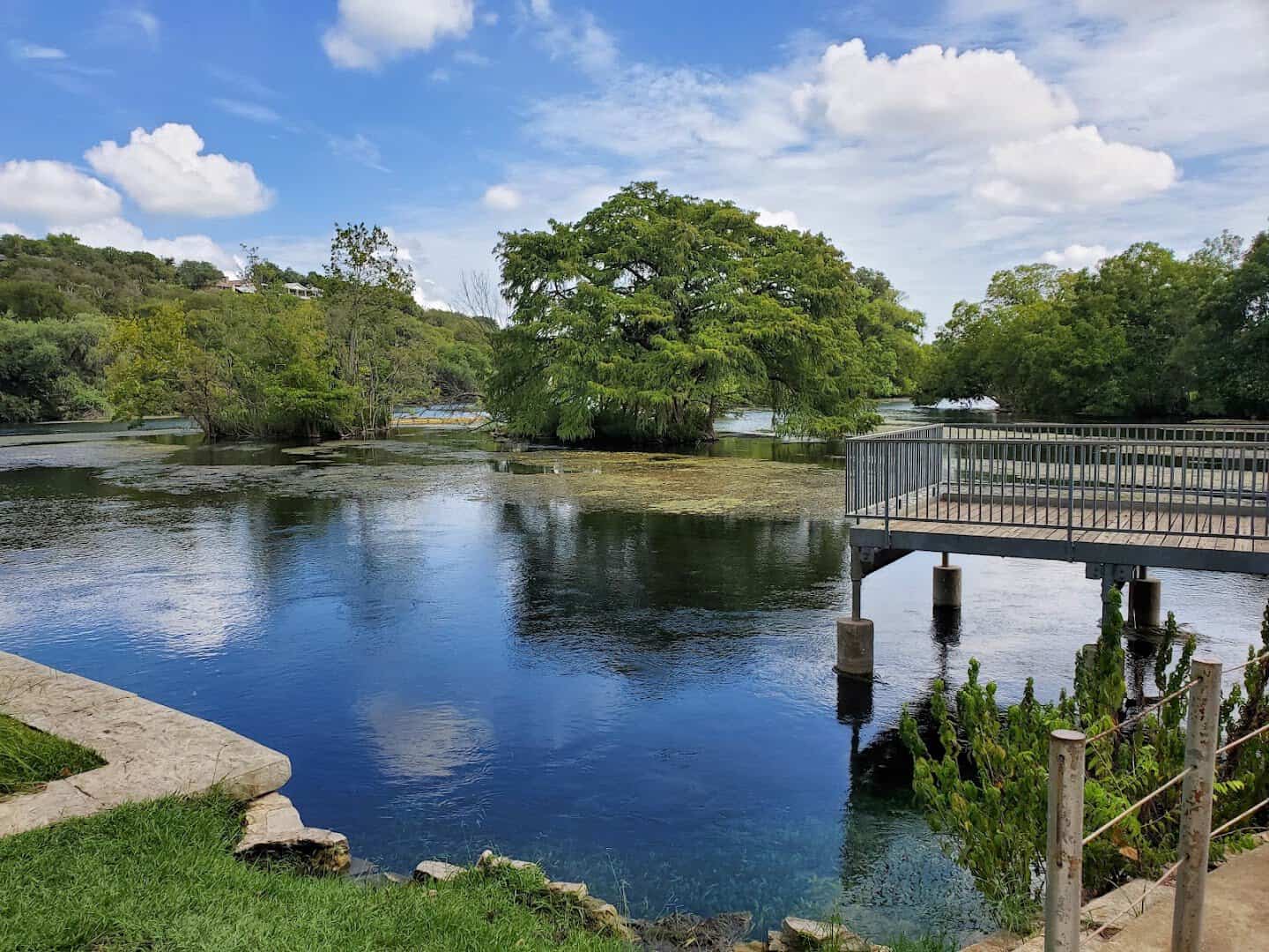 Wooden dock on Landa Lake where paddle boats launch at Landa Park in New Braunfels