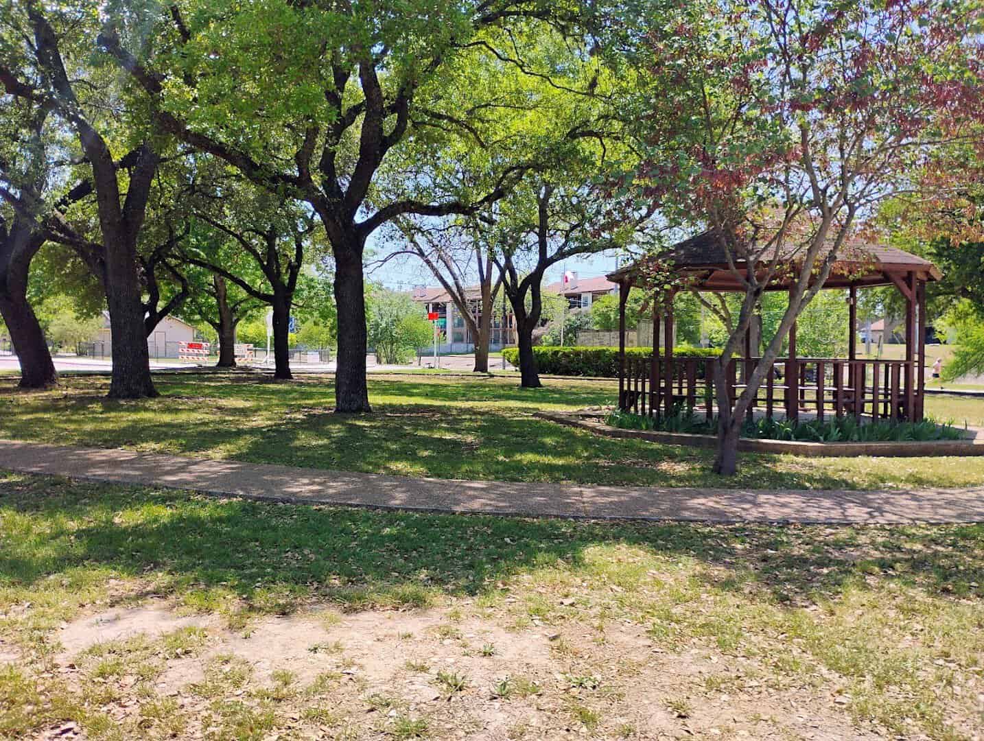 Shaded picnic pavilion under the trees at Landa Park in New Braunfels, Texas