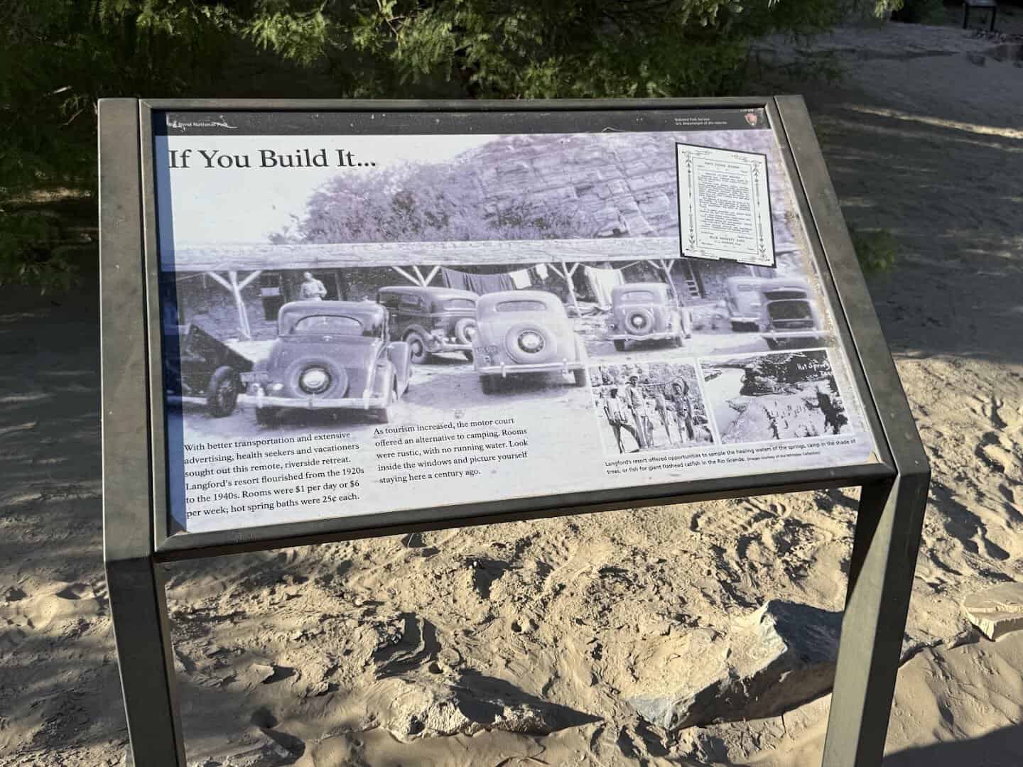Interpretive sign showing historic photos of Langford's hot springs resort and motor court