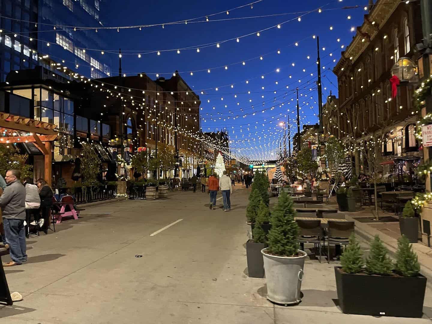 String lights glowing over Larimer Square in downtown Denver, Colorado