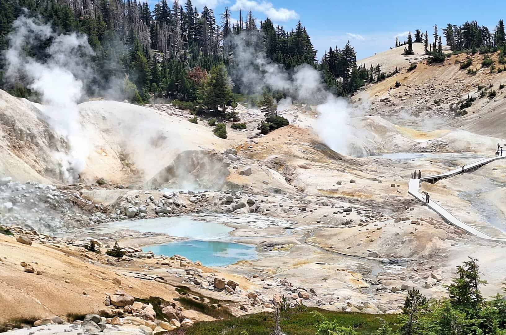 Steaming hydrothermal basin at Bumpass Hell in Lassen Volcanic National Park, California