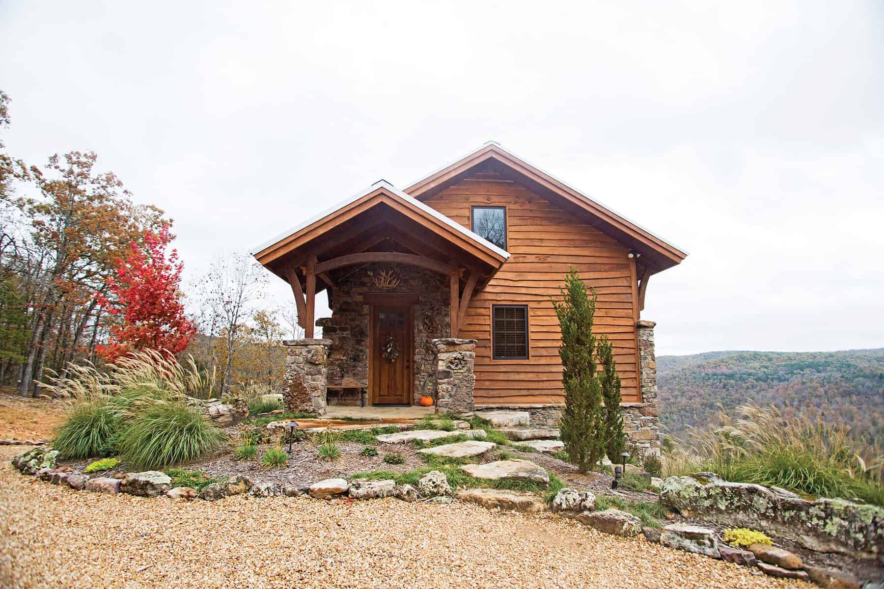 Timber-frame off-grid cabin on an Ozark hilltop at Leatherwood Cabin, Cozahome, Arkansas