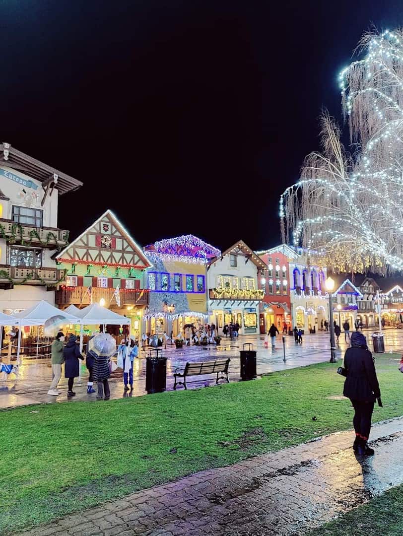 Leavenworth, Washington Bavarian village lit with Christmas lights at night