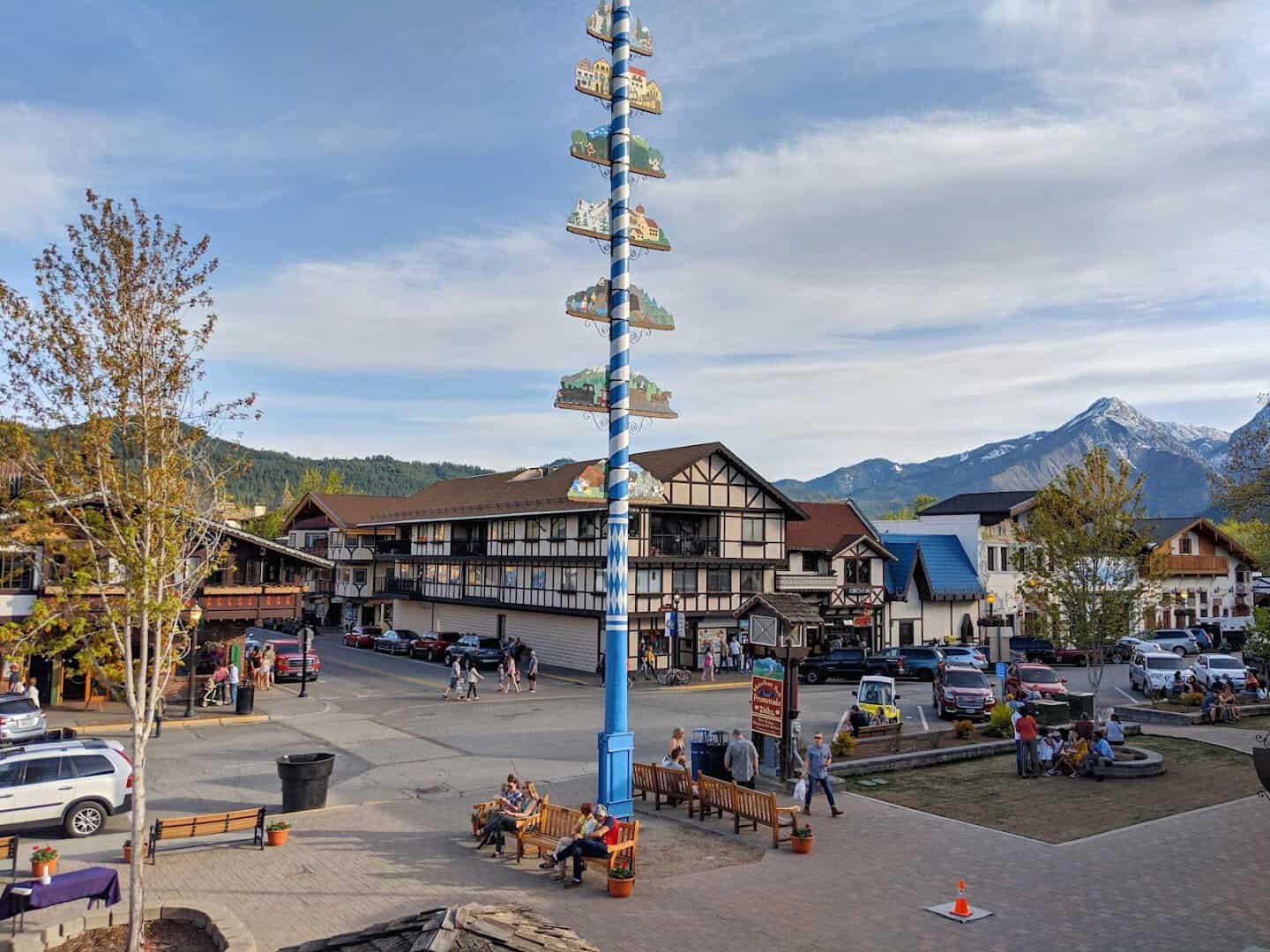 Bavarian village square with autumn color in Leavenworth, Washington