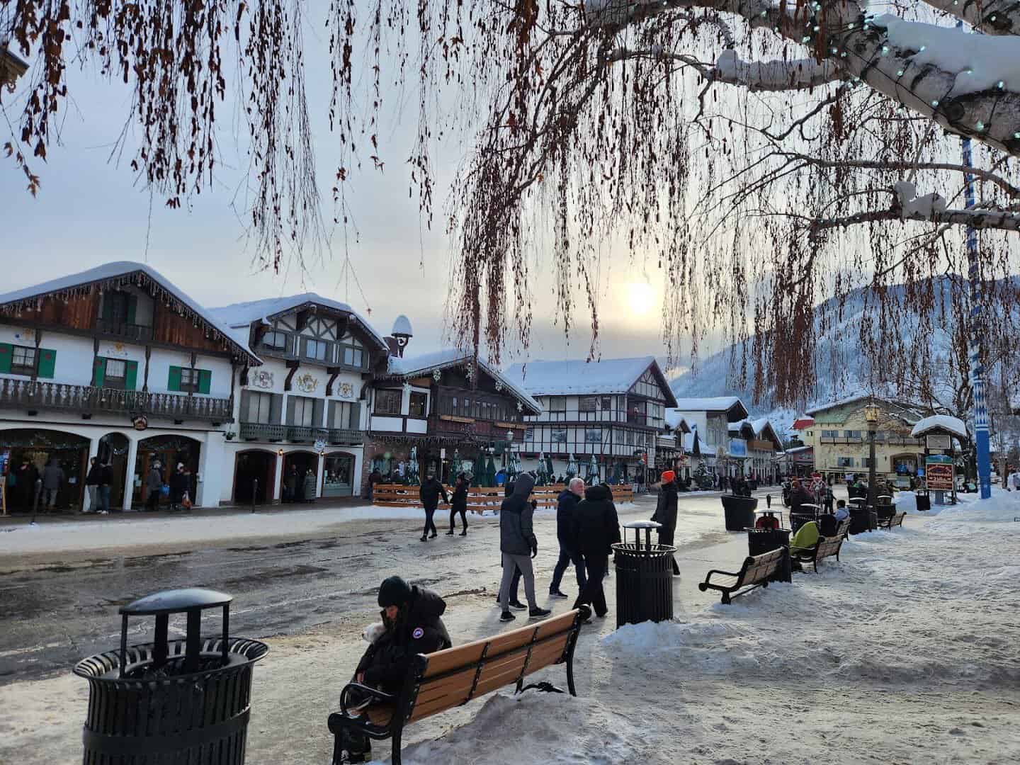 Snowy Bavarian village square in Leavenworth, Washington in winter
