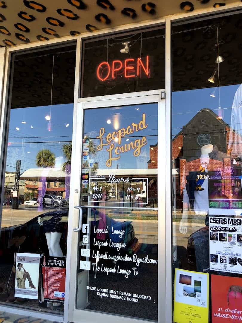 Storefront window of Leopard Lounge vintage store in Houston
