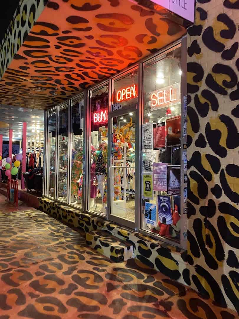 Leopard-print exterior of Leopard Lounge vintage store in Houston