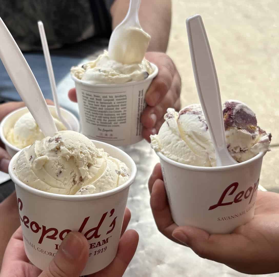 Cups of scooped ice cream at Leopold's Ice Cream in Savannah, Georgia