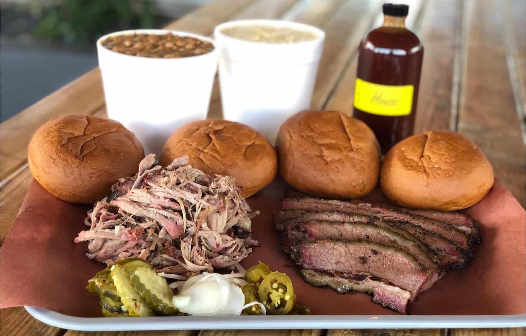 Sliced brisket and pulled pork plate at Little Miss BBQ in Phoenix, Arizona