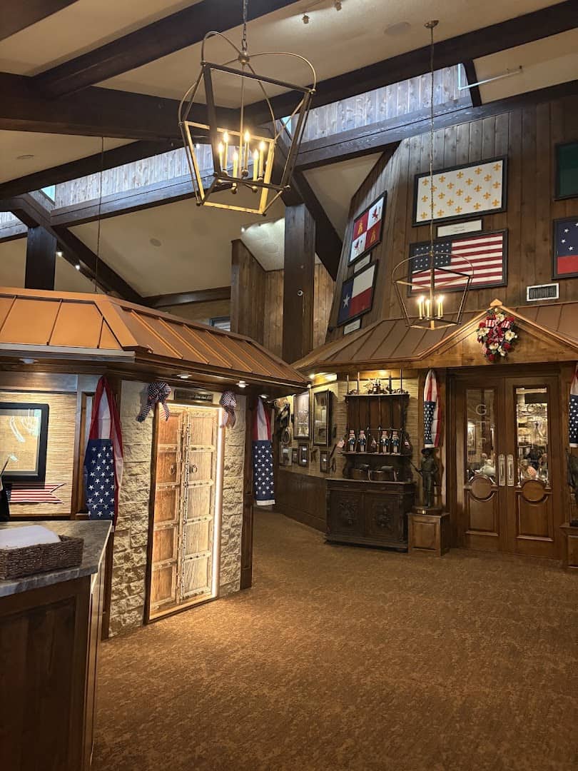 The lantern-lit lobby inside Taste of Texas in Houston