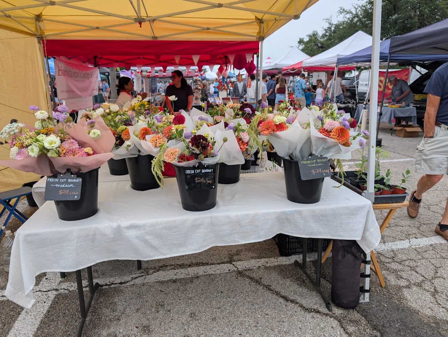 Bouquets of locally grown flowers at Barton Creek Farmers Market in Austin, Texas