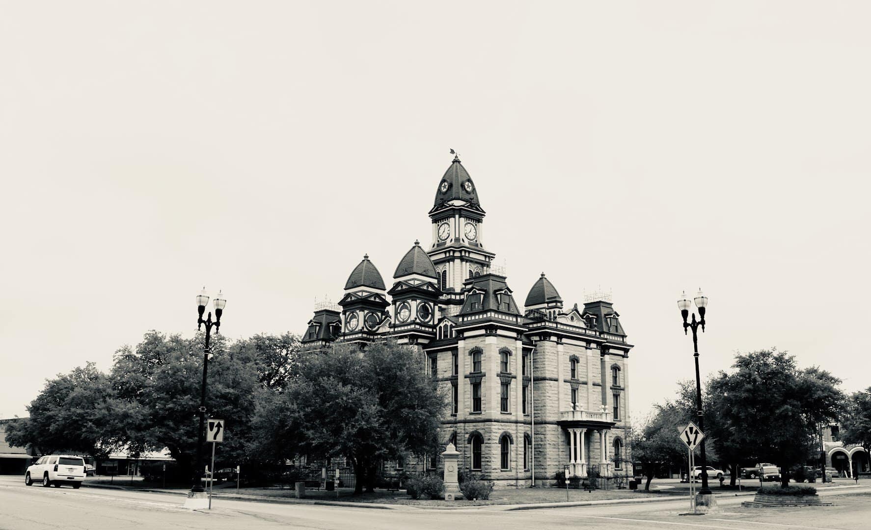 Caldwell County Courthouse rendered in black and white in Lockhart, Texas