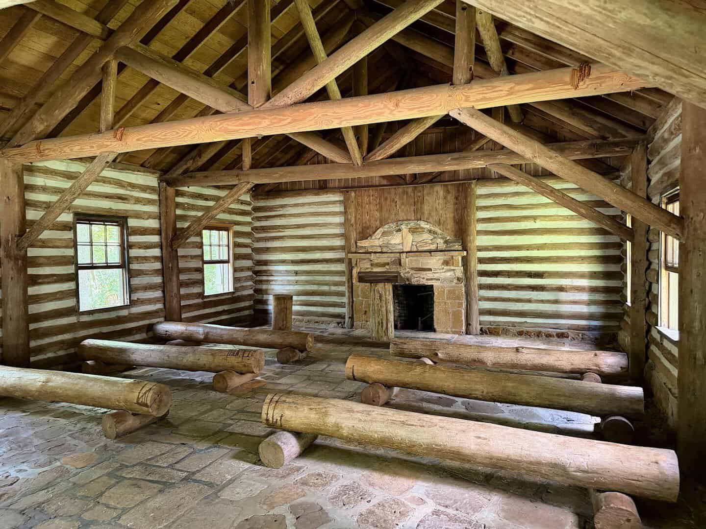 Interior of the reconstructed log mission chapel at Mission Tejas State Park