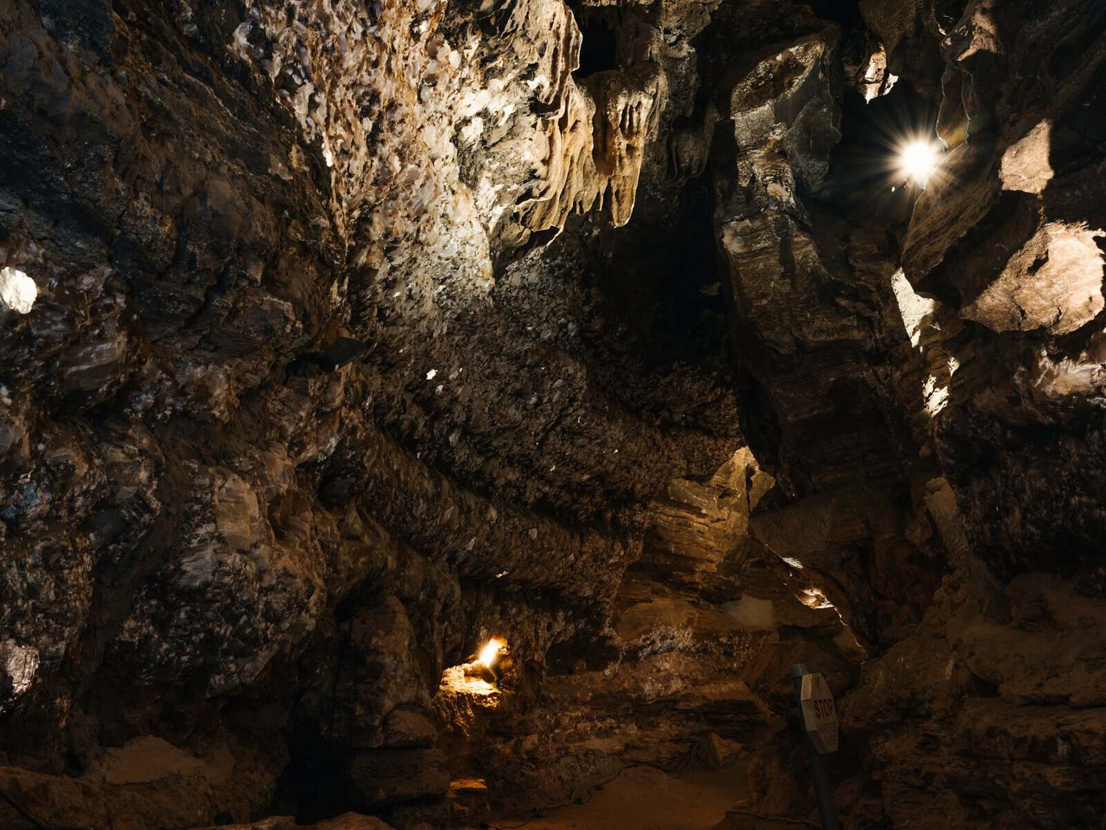 Crystal-encrusted walls in the Hall of Gems at Longhorn Cavern, Burnet, Texas