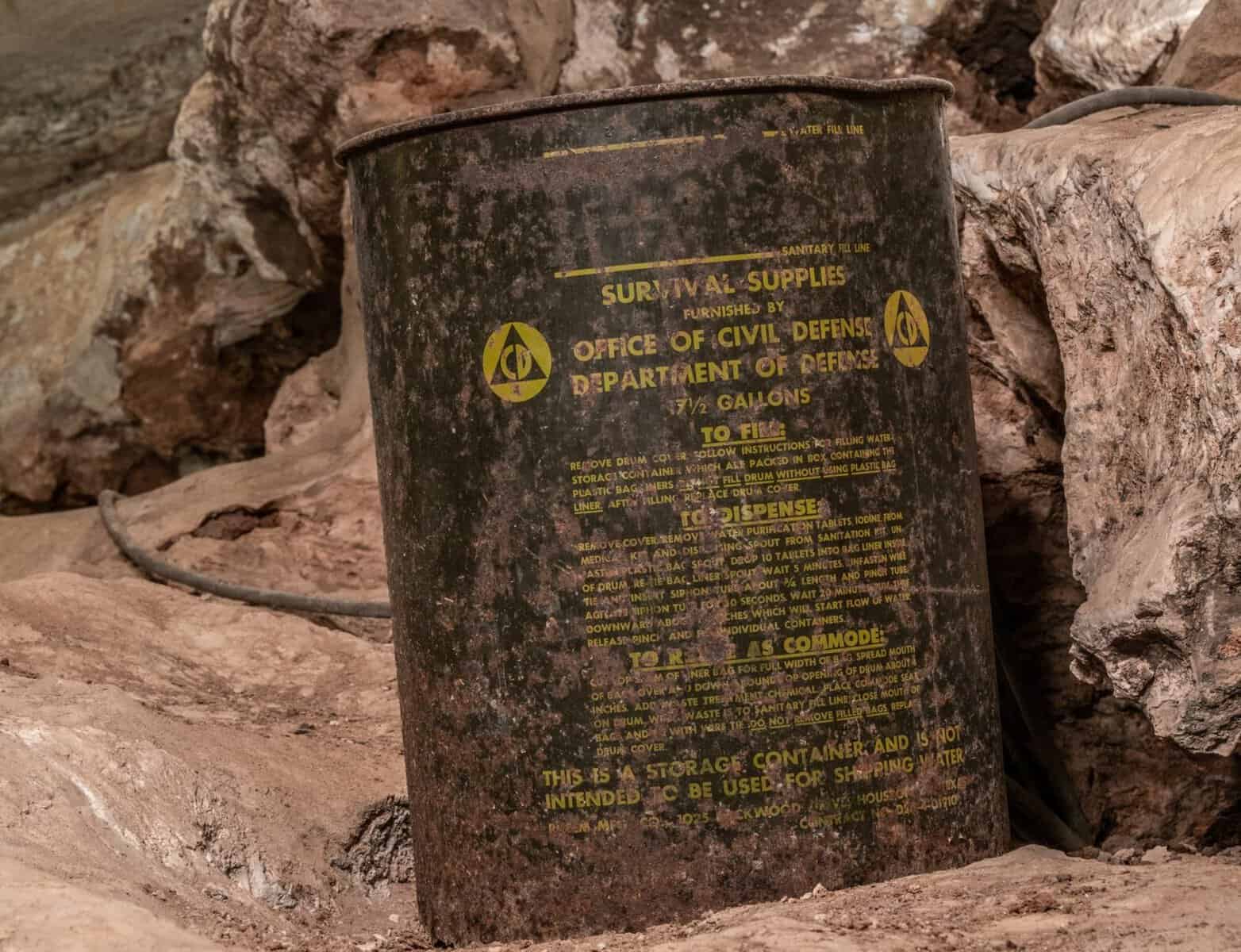Cold War Civil Defense survival supply drum stored in Longhorn Cavern, Burnet, Texas