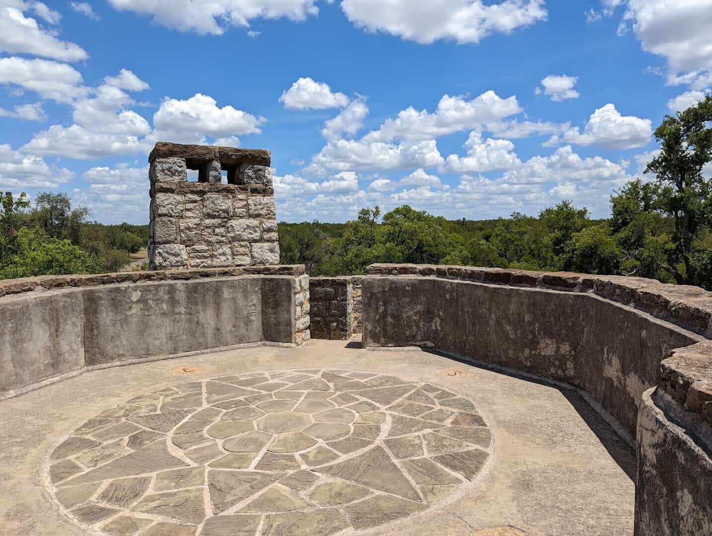 Circular stone terrace and observation tower built by the CCC at Longhorn Cavern State Park