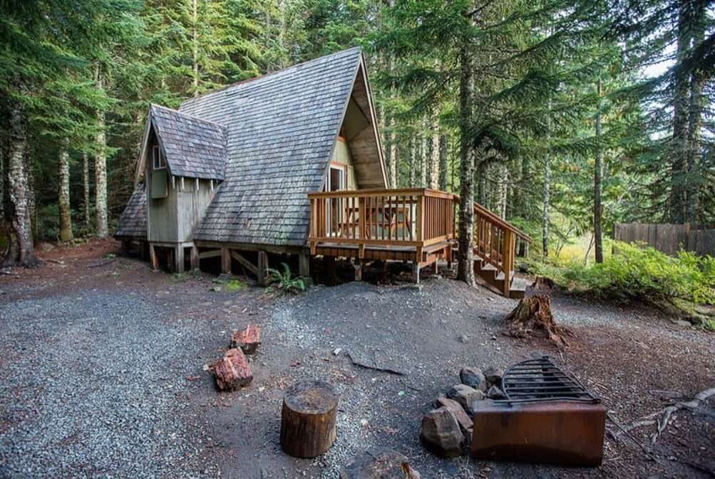 A-frame cabin among tall firs at Lost Lake Resort in the Mt. Hood National Forest, Oregon