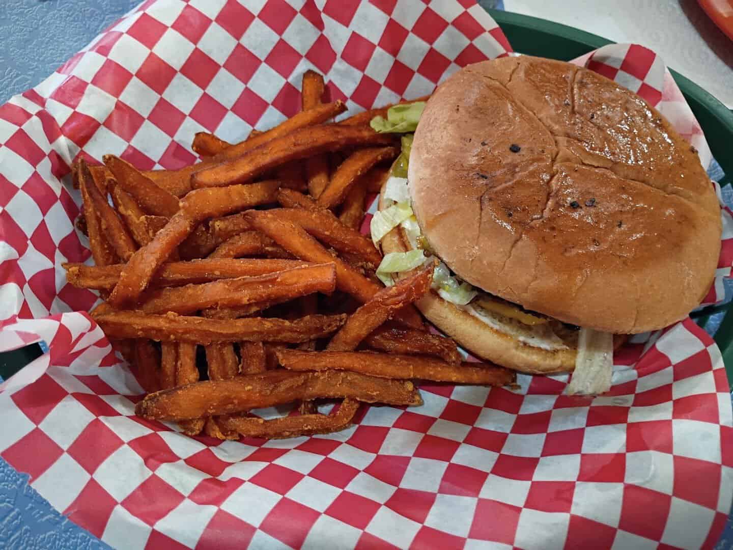 Cheeseburger with sweet potato fries at Lost Maples Cafe in Utopia