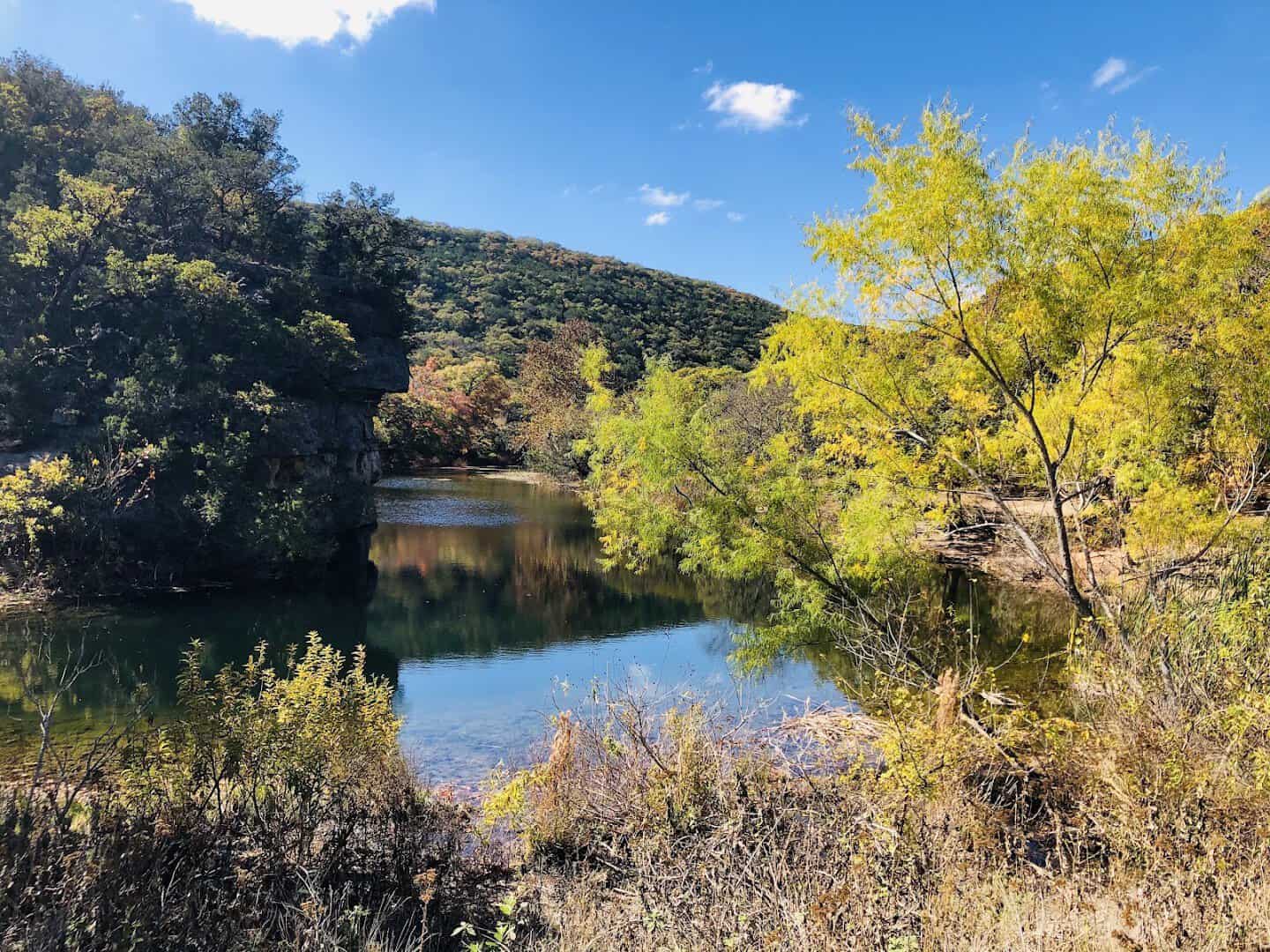 Bigtooth maples in fall color along the river at Lost Maples State Natural Area near Vanderpool, Texas
