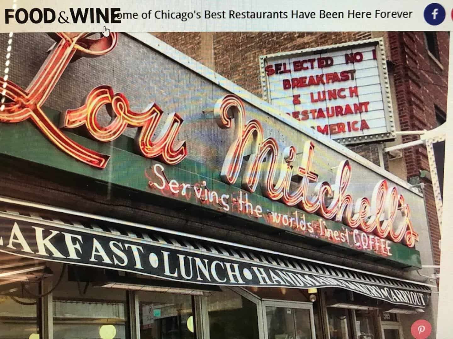 Neon marquee sign of Lou Mitchell's diner on Route 66 in Chicago, Illinois
