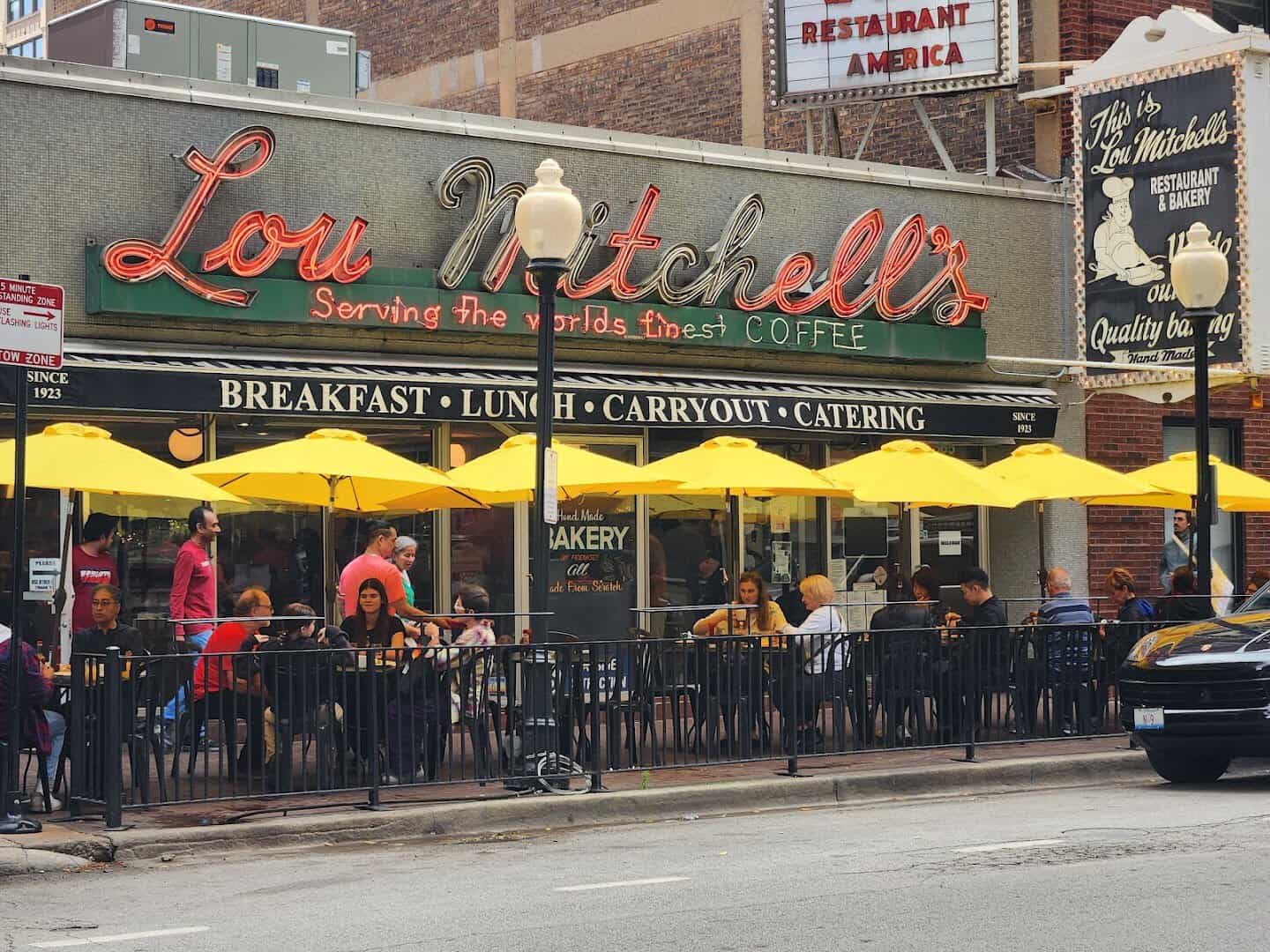 The Lou Mitchell's storefront and neon sign in Chicago, Illinois