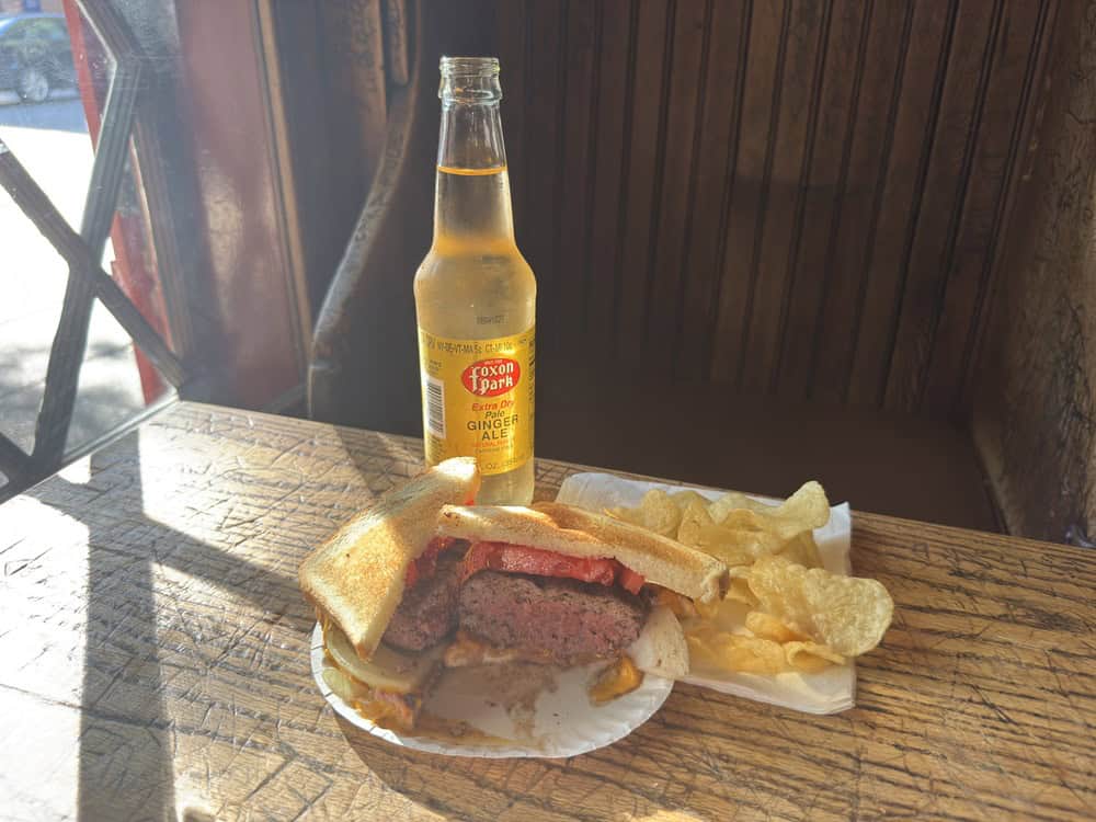 Original hamburger on toast at Louis' Lunch in New Haven, Connecticut