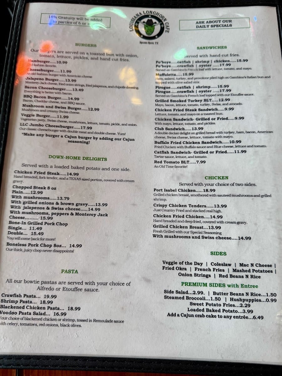 Louisiana Longhorn Cafe menu of Cajun and seafood dishes with prices in Round Rock, Texas