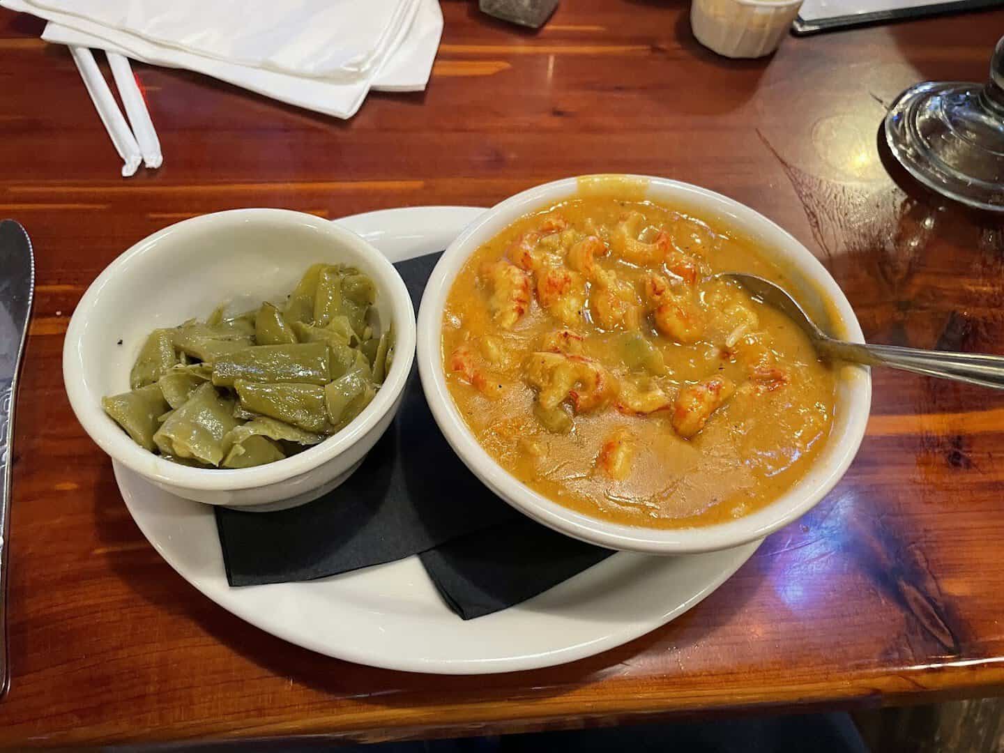 Crawfish etouffee with rice and green beans at Louisiana Longhorn Cafe in Round Rock, Texas
