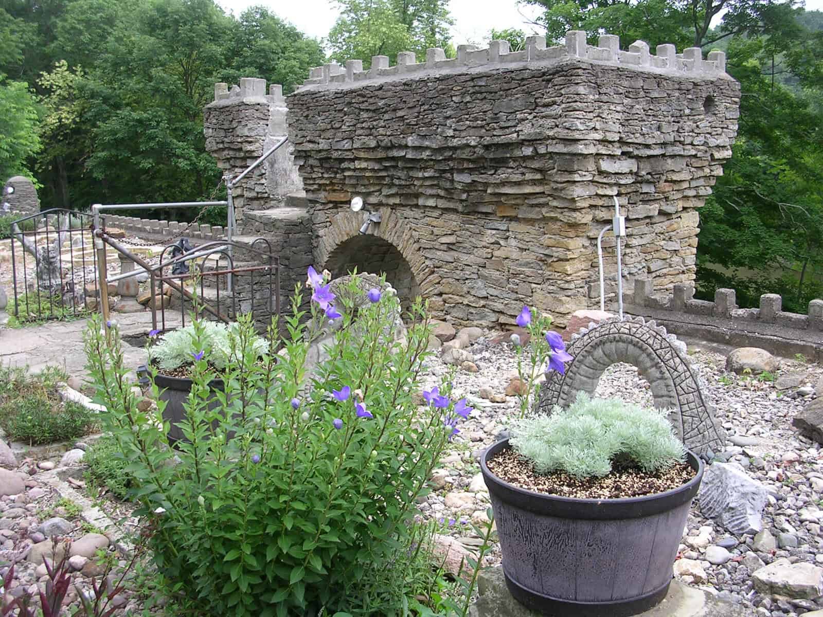 Stone turret and battlements of Loveland Castle on the Little Miami River in Ohio
