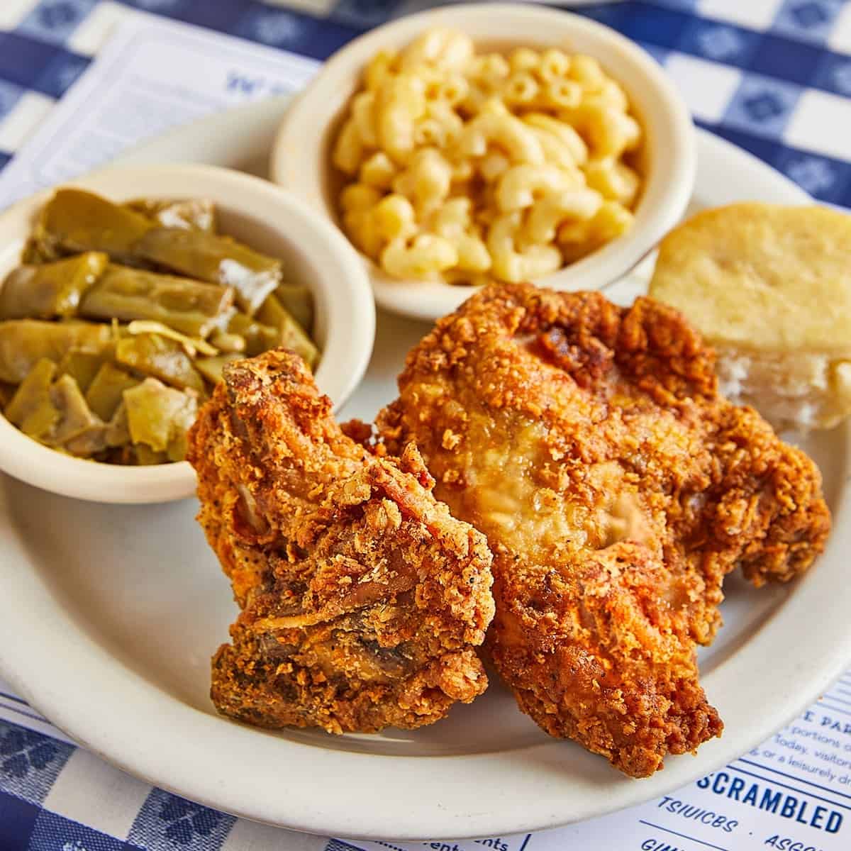 Fried chicken plate with mac and cheese and a biscuit at Loveless Cafe in Nashville, Tennessee