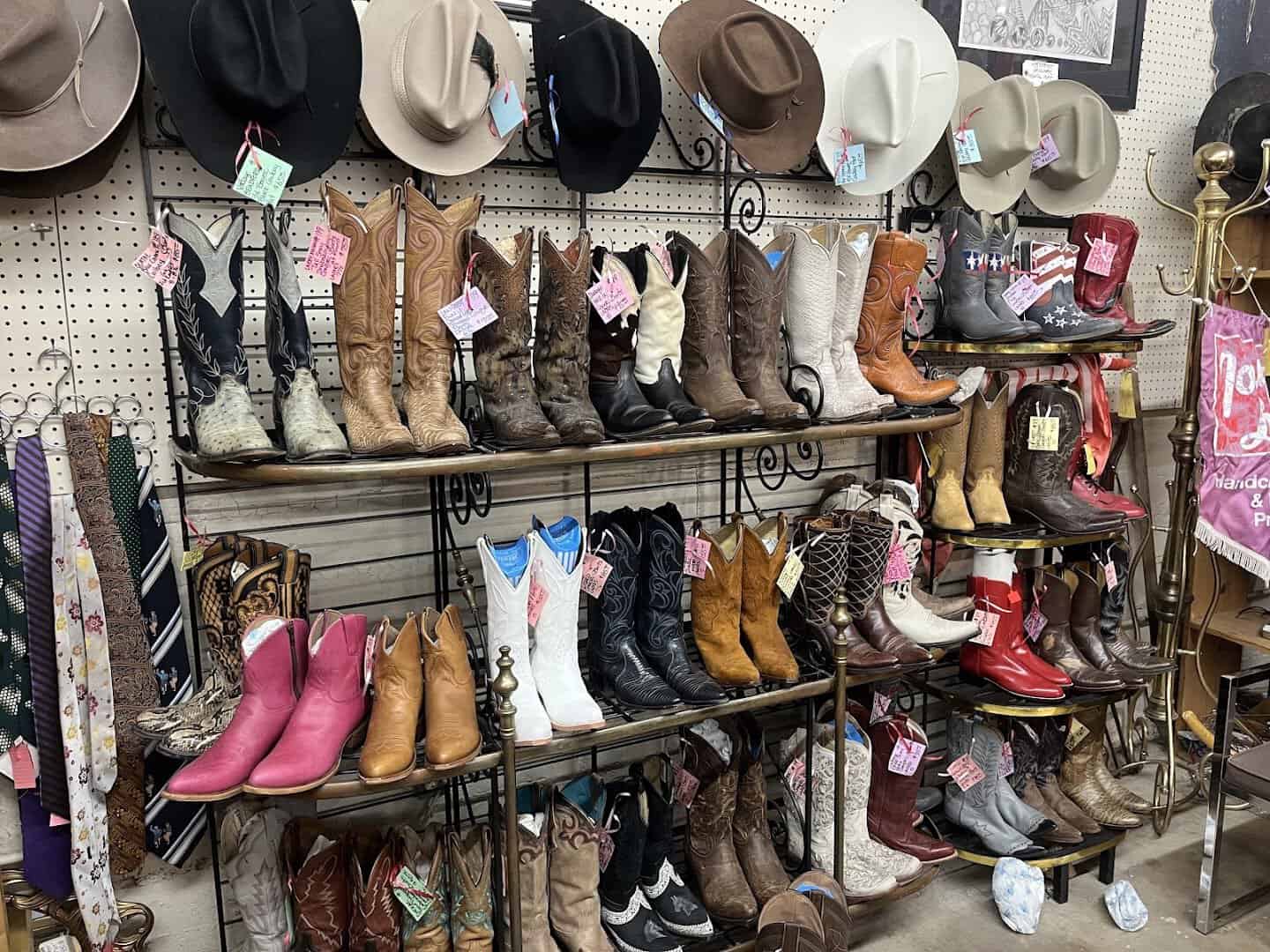 A wall of vintage cowboy boots at Lula B's Design District in Dallas