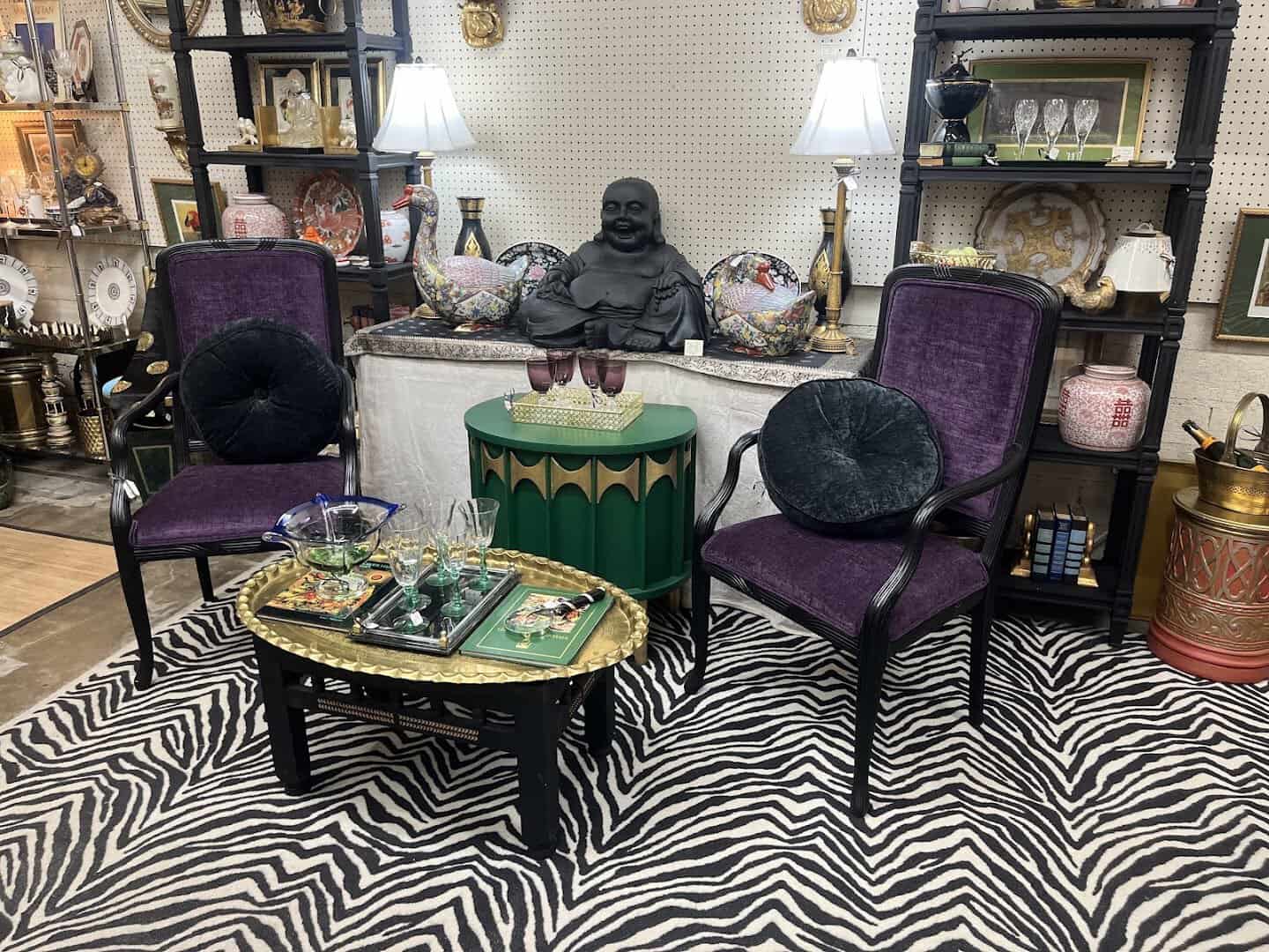 Mid-century modern chairs and decor staged at Lula B's Design District in Dallas