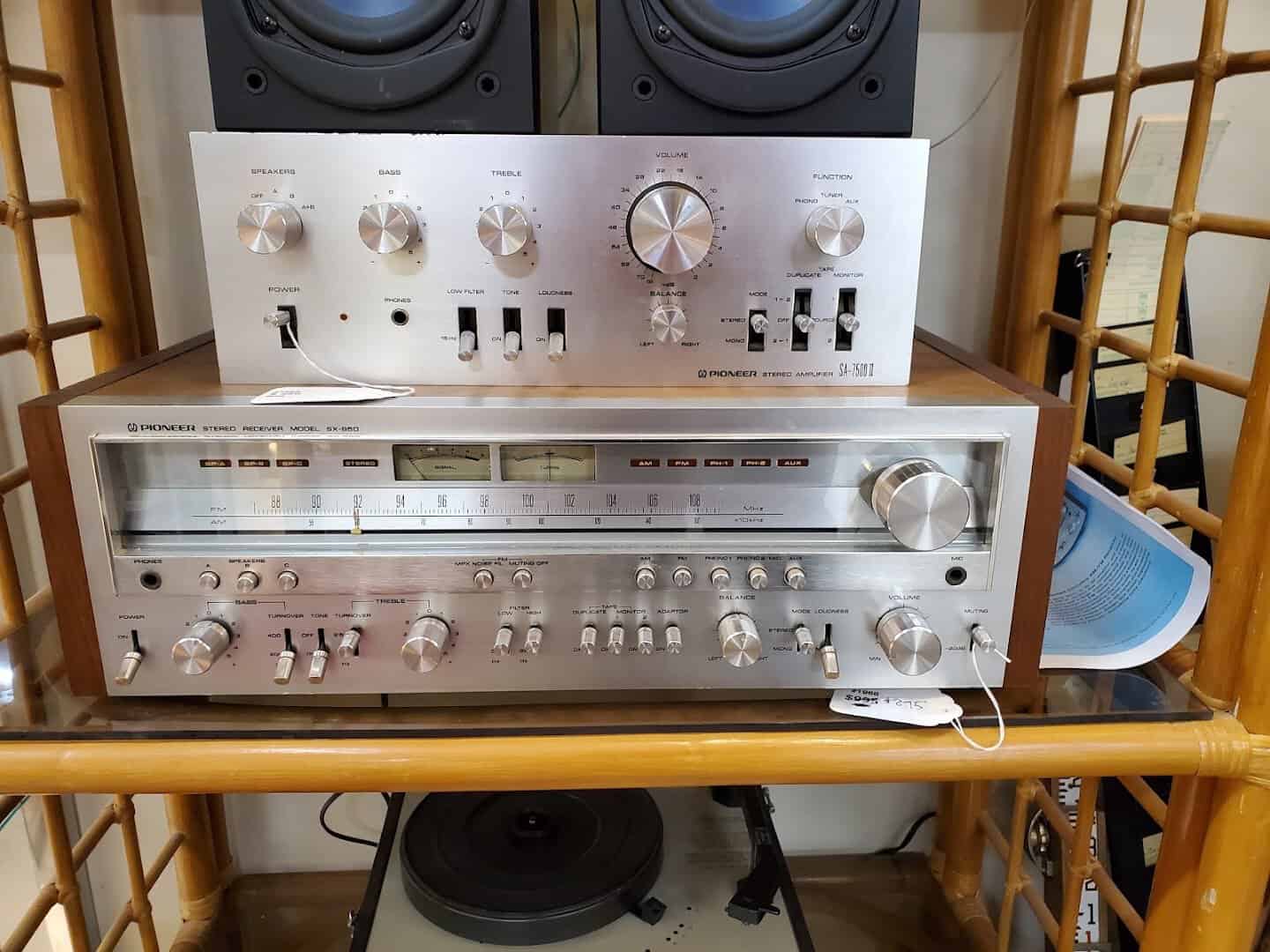 Vintage stereo receivers and audio gear at Lula B's Design District in Dallas