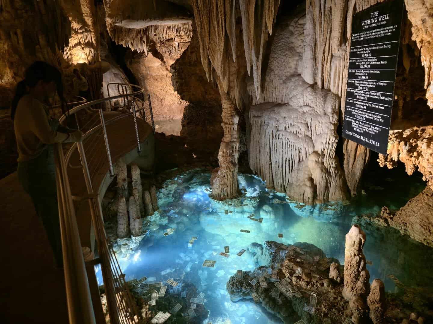 Stalactites reflected in the still water of Dream Lake in Luray Caverns, Virginia