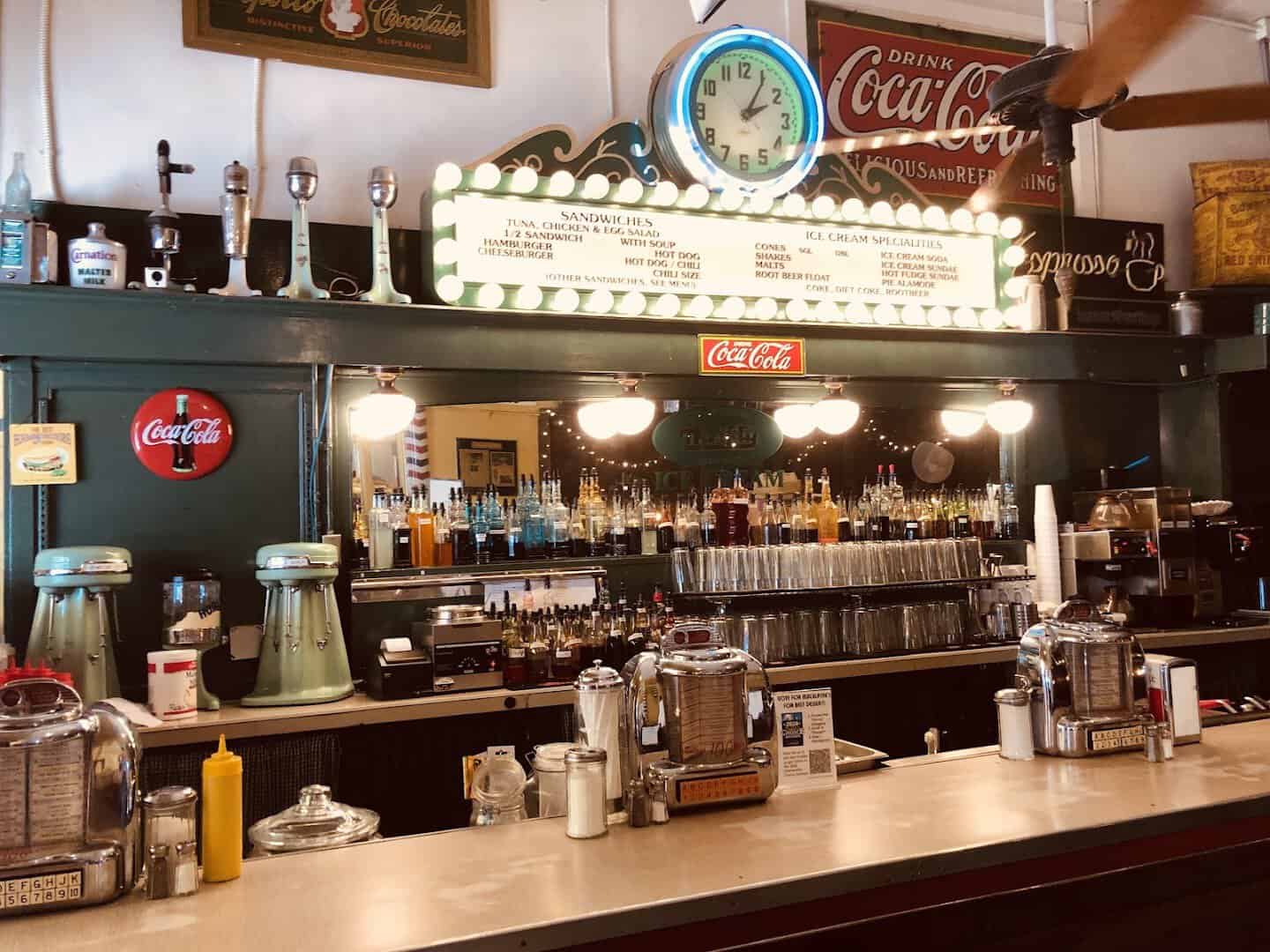 The vintage back bar and soda fountain at MacAlpine's in Phoenix