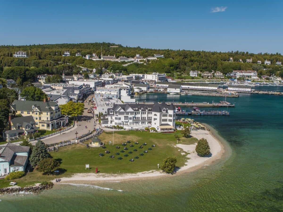 Aerial view of the harbor town and Grand Hotel on Mackinac Island, Michigan