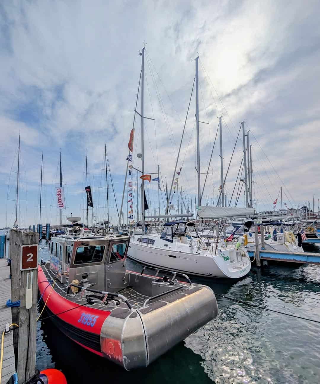 Marina full of sailboats in the harbor at Mackinac Island, Michigan