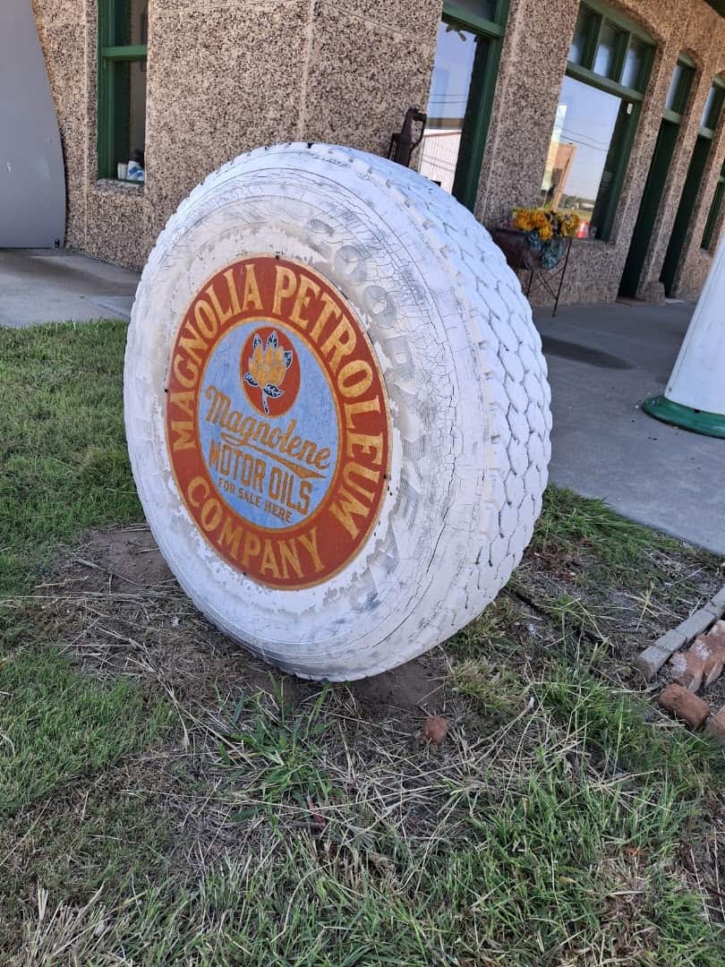 Vintage Magnolia Petroleum gas station sign on display in Vega, Texas