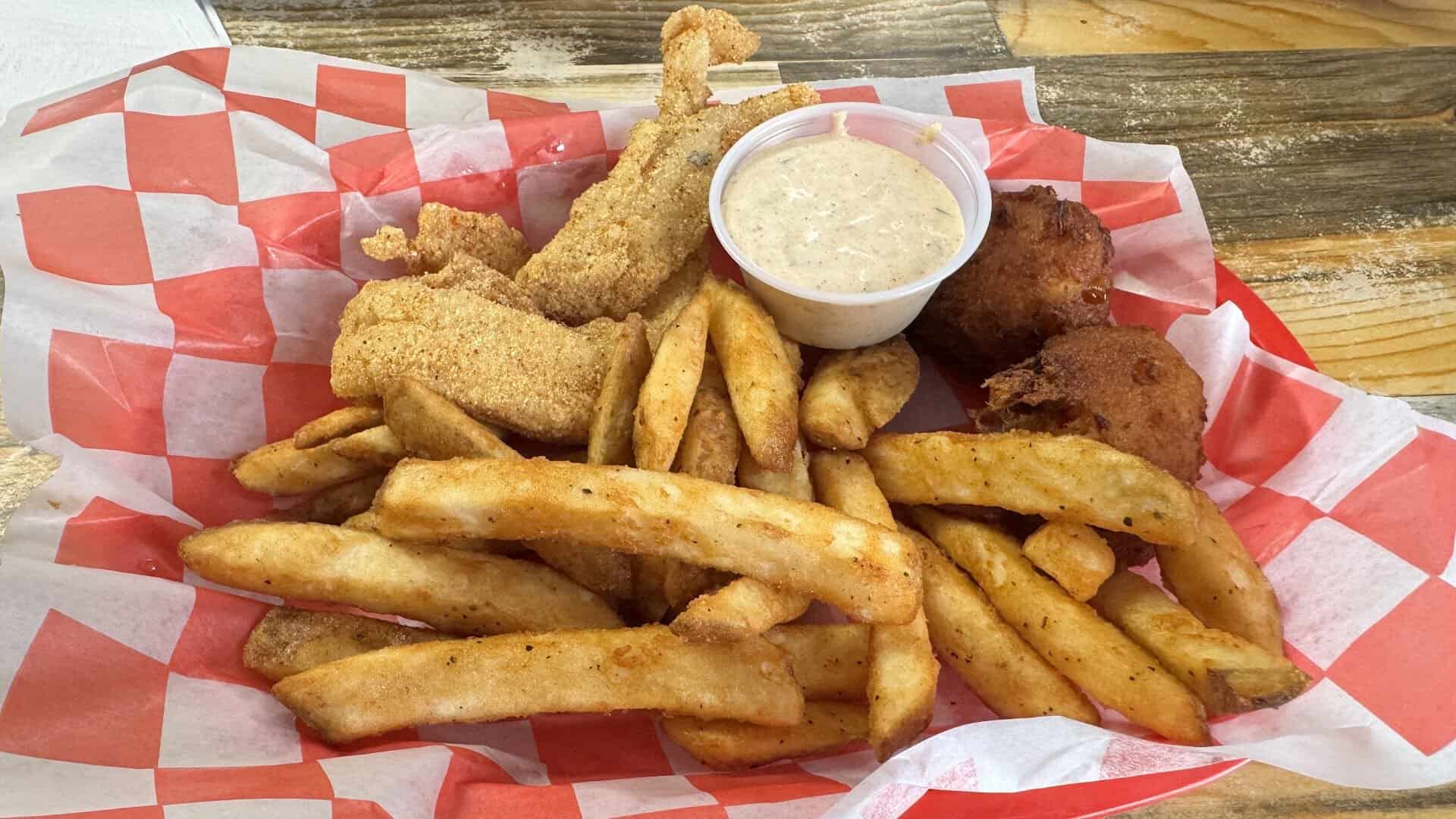 Basket of fried fish and fries at Mama Jack's in Kountze, Texas