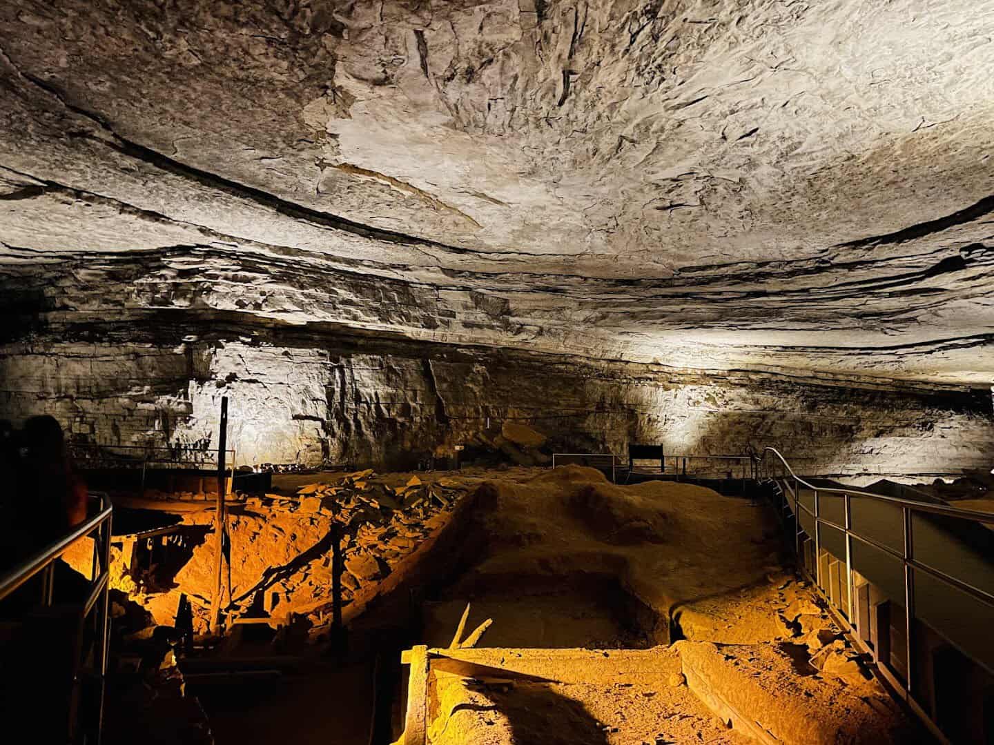 Lit limestone passage and formations inside Mammoth Cave, Kentucky